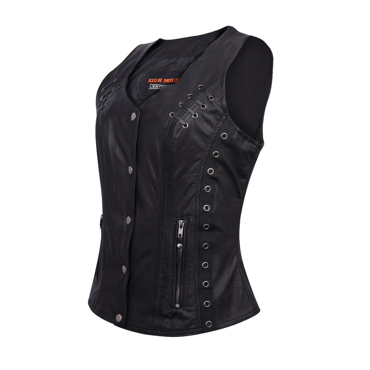 High Mileage HML1038B Womens Black Premium Soft Goatskin Leather Vest With Twill Lace and Grommet Highlights-side view