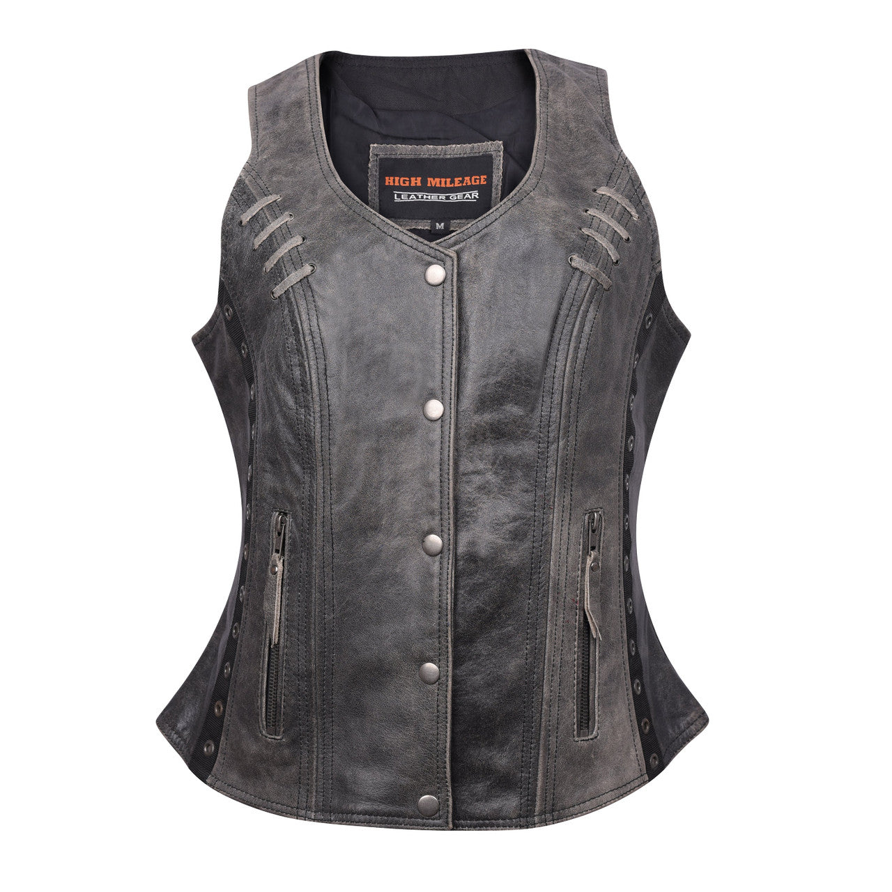 High Mileage HML1038DG Womens Distressed Gray Premium Soft Goatskin Leather Vest With Twill Lace and Grommet - main