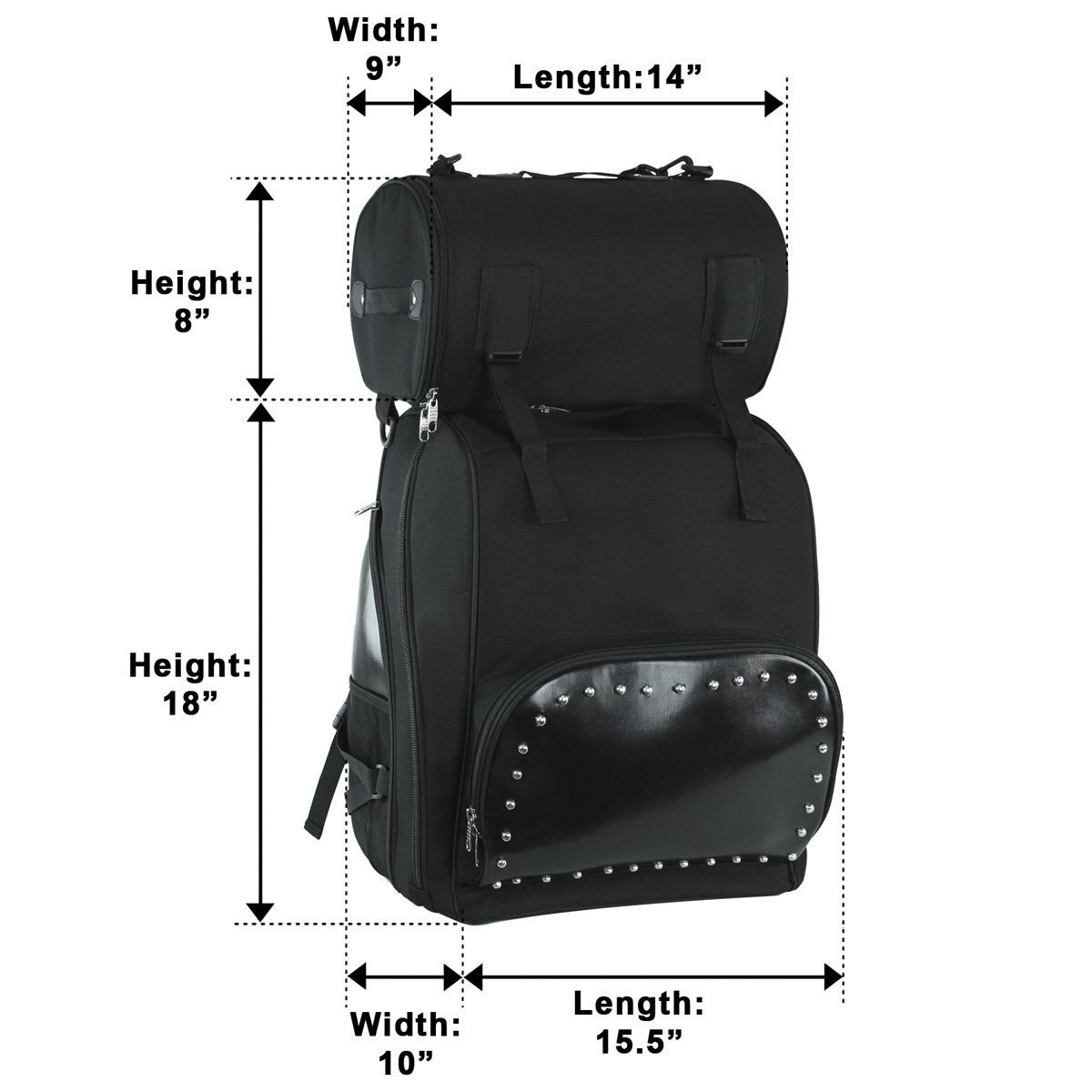 Vance VS1354 Black Studded Large Deluxe Motorcycle Luggage Travel Touring Sissy Bar Bag-Sizing