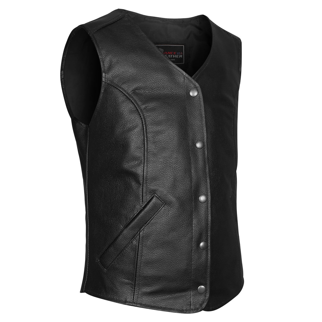 Vance-VL1047S-Womens-Black-Five-Snap-Lady-Biker-Leather-Motorcycle-Vest-Back-Main