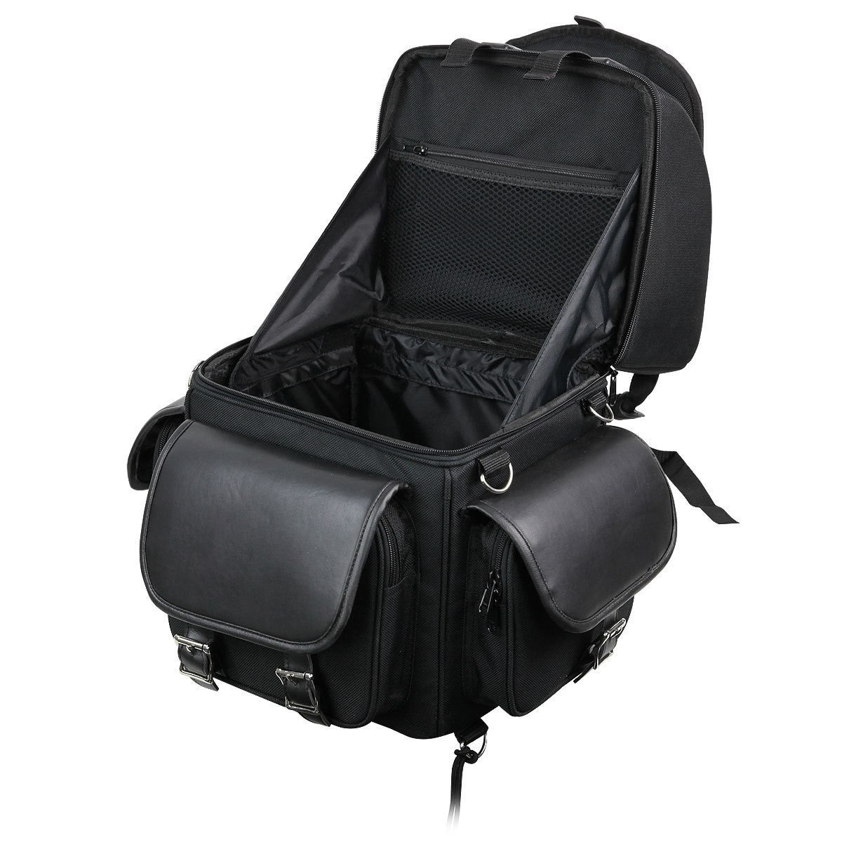 Vance SB521 Black Five Large Outer Pocket Motorcycle Luggage Touring Travel Sissy Bar Rack Bag-open View-1