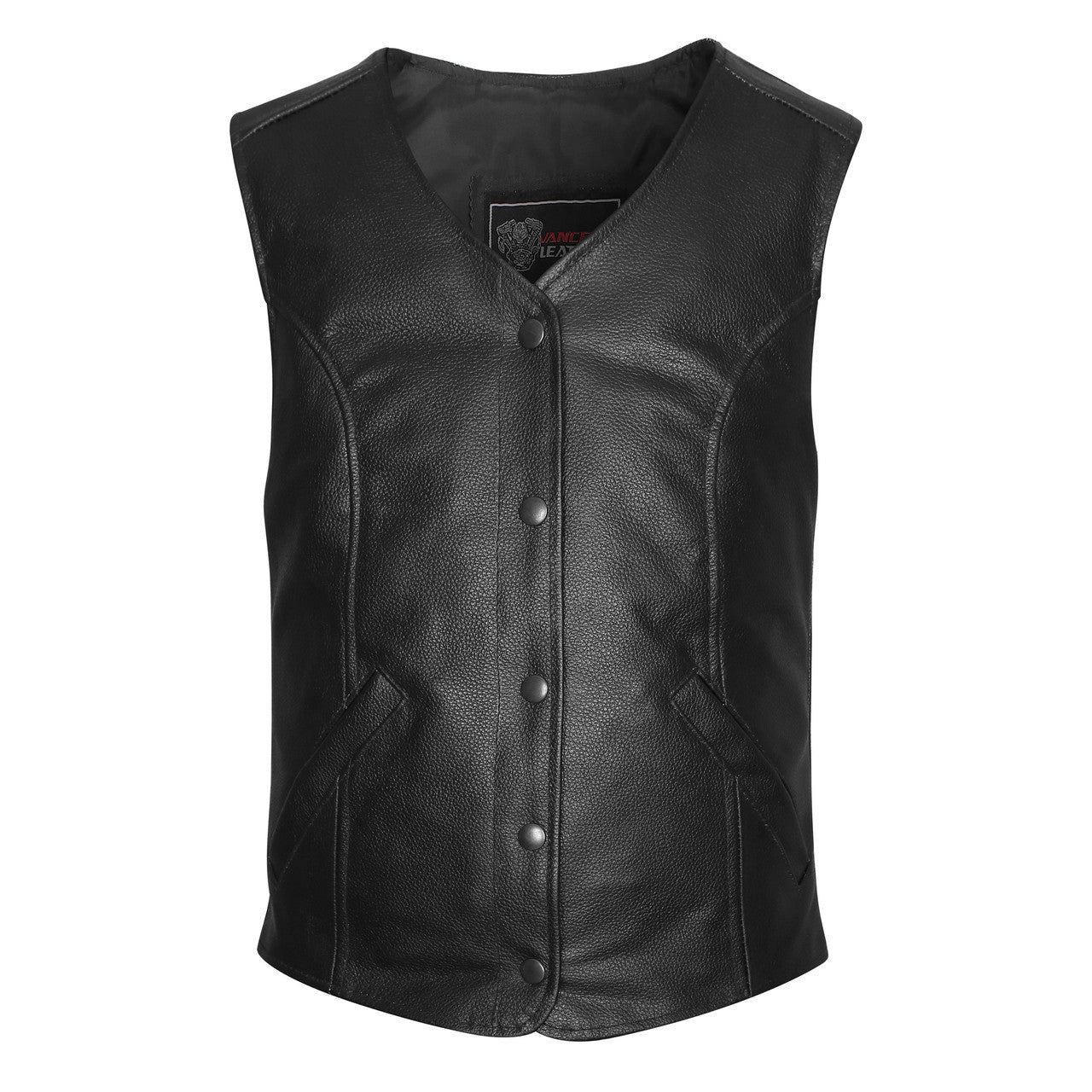 Vance-VL1047S-Womens-Black-Five-Snap-Lady-Biker-Leather-Motorcycle-Vest-front-View