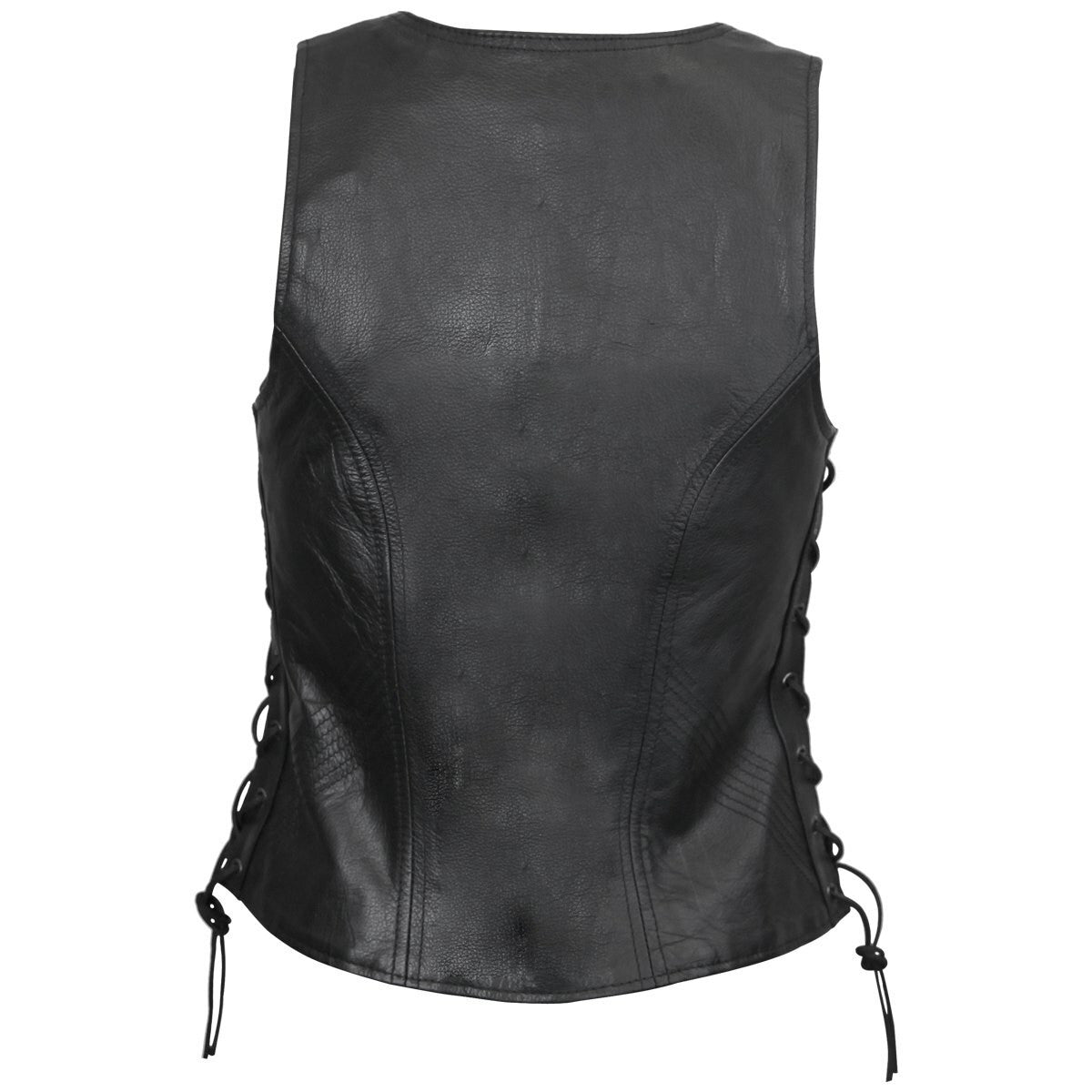 Womens Open Neck Side Lace Zipper Front Cowhide Leather Vest-Back View