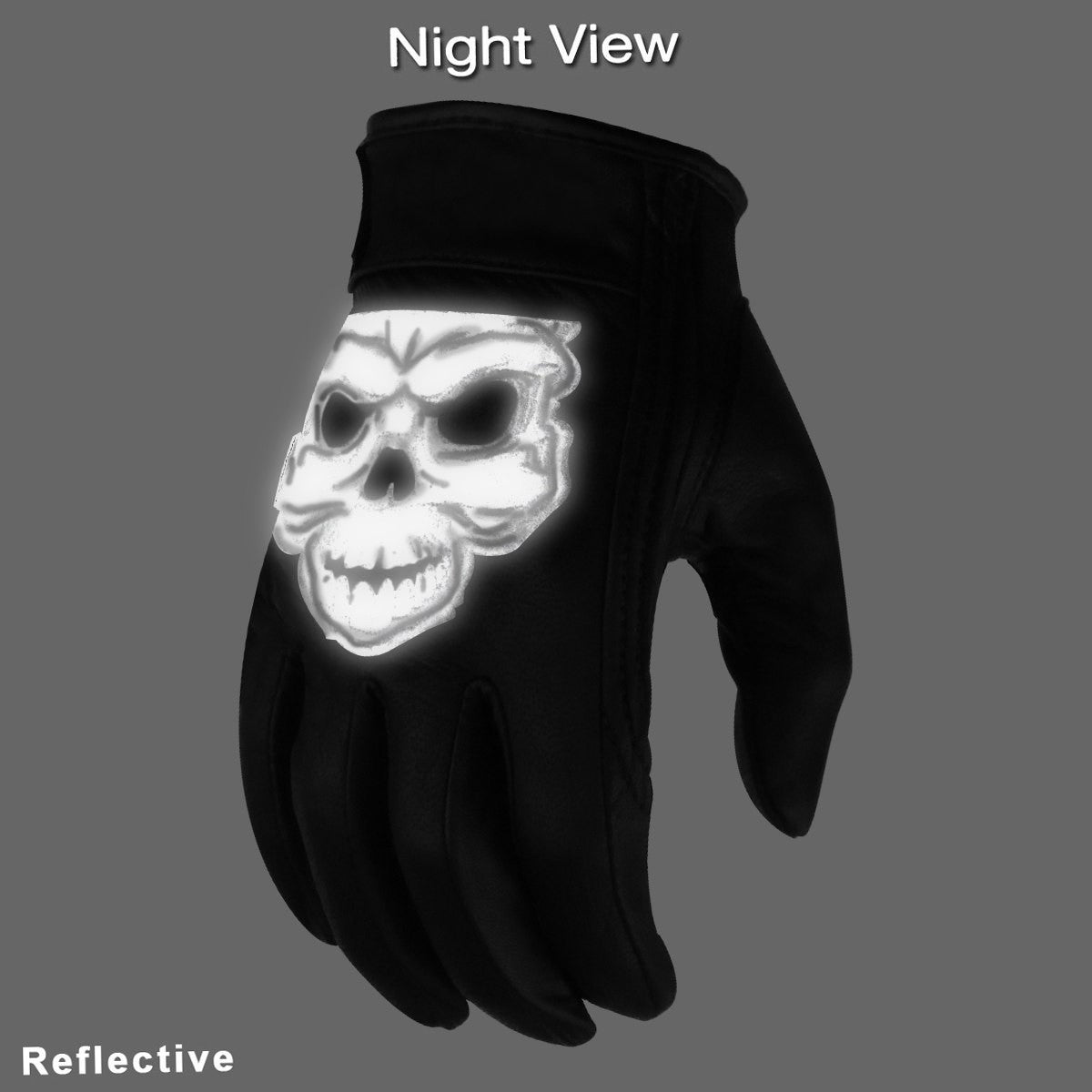 Mens GL703 Black Premium Gel Palm Reflective Skull Motorcycle Leather Gloves - Night View