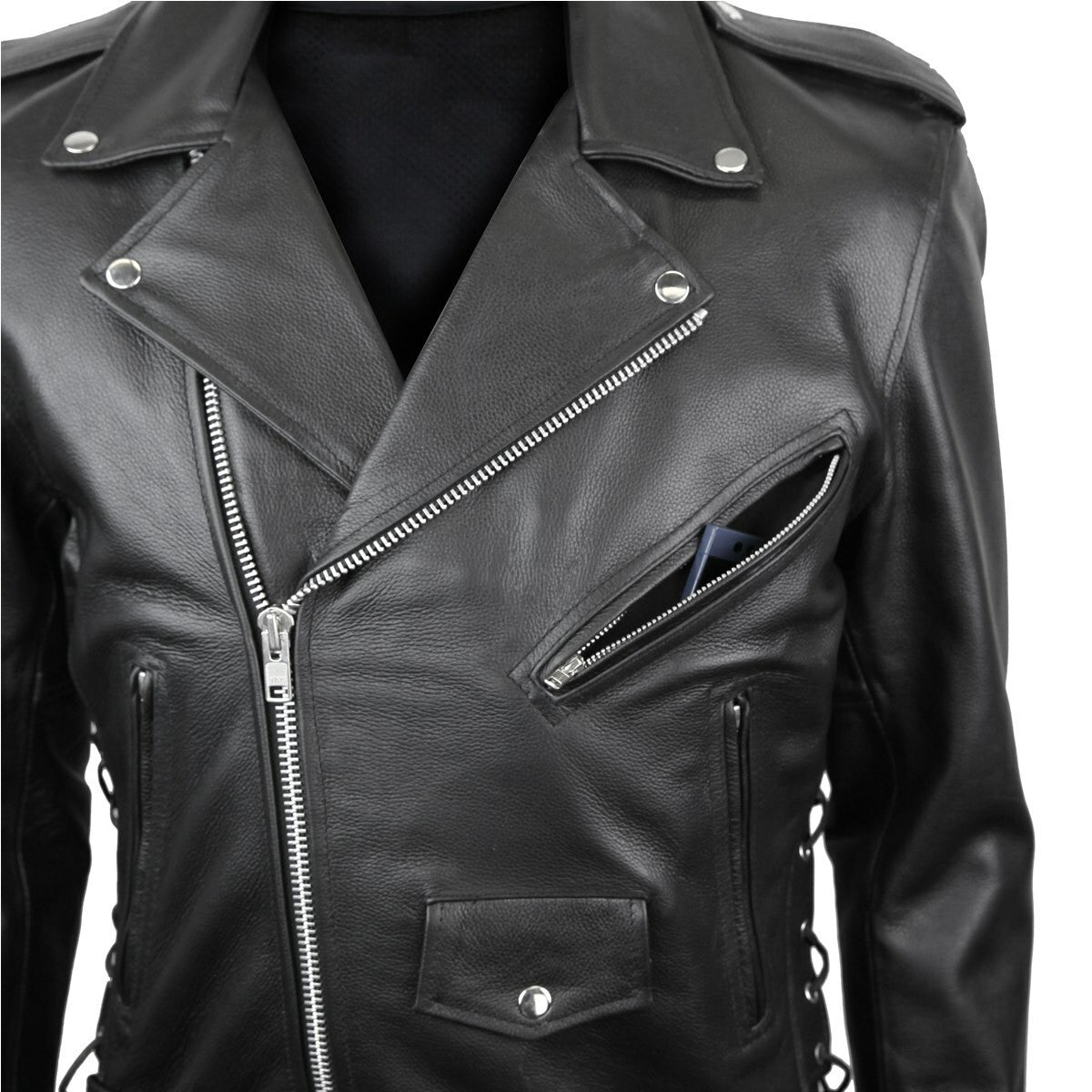 Mens Classic Side Lace Police Style MC Jacket-Detail View