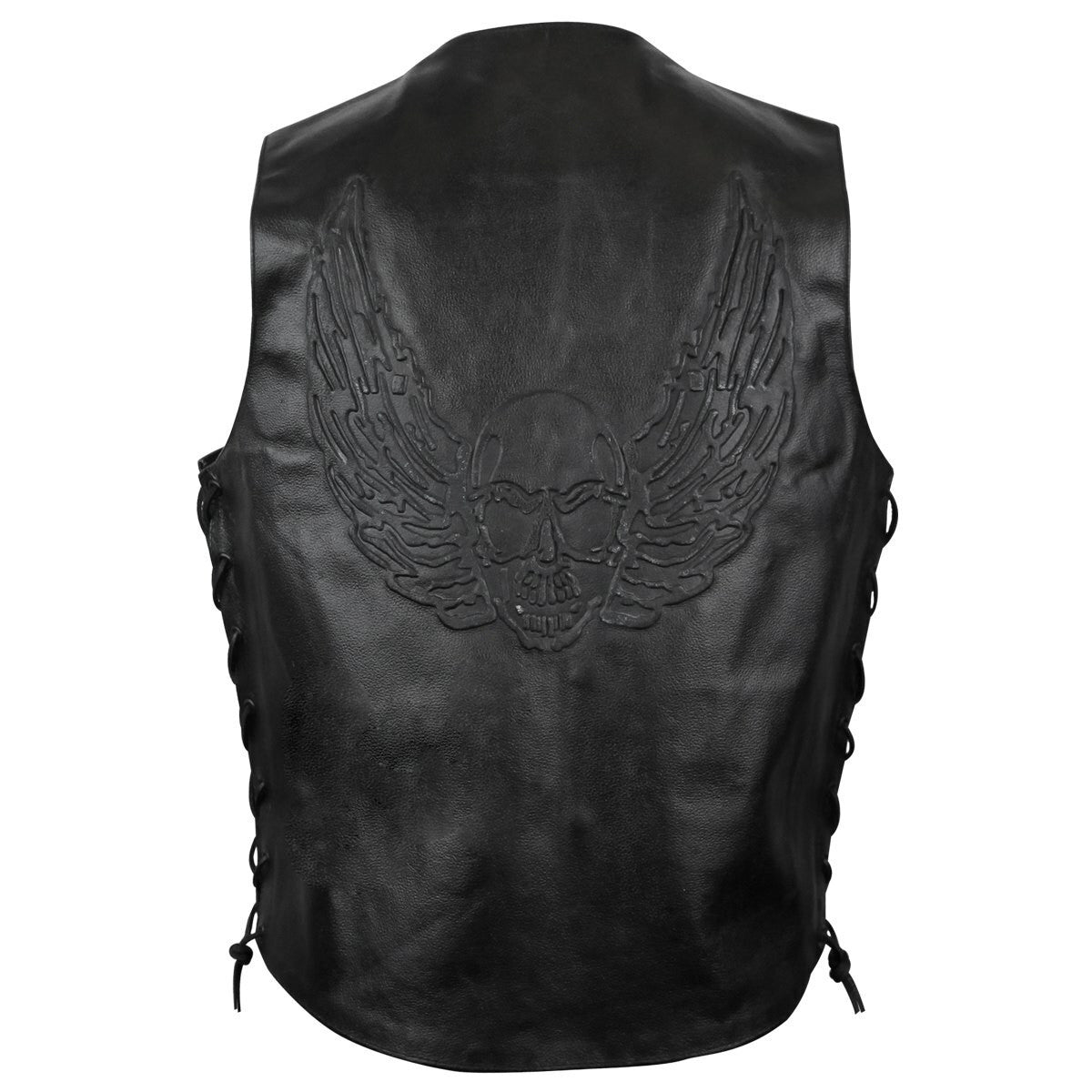 Mens Flying Skull Side Lace Leather Vest-Back View