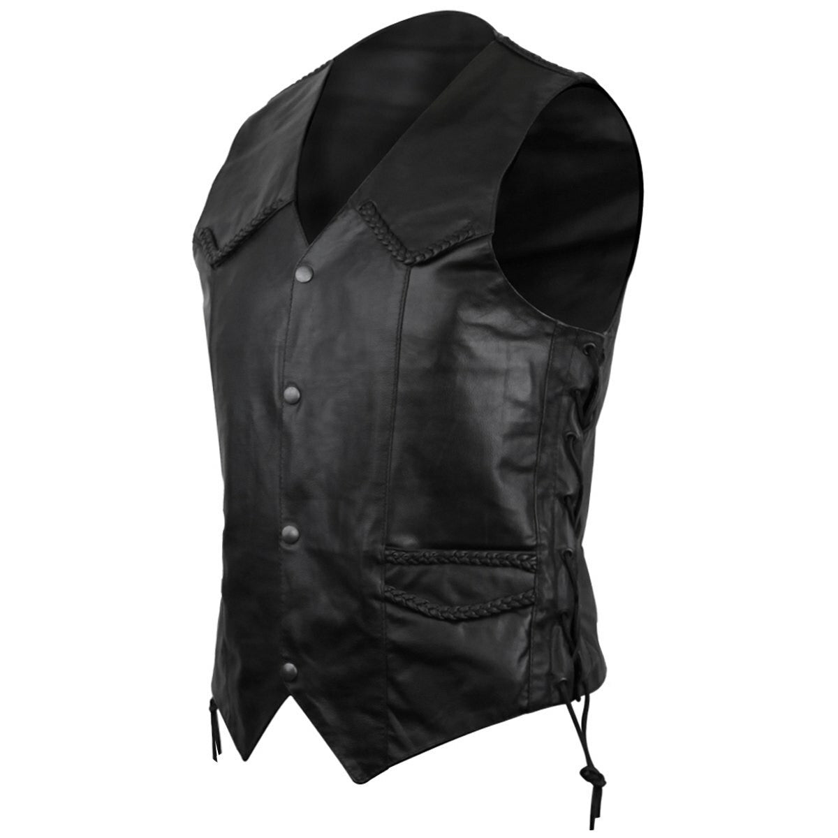 Mens Classic Side Lace Braided Biker Leather Vest