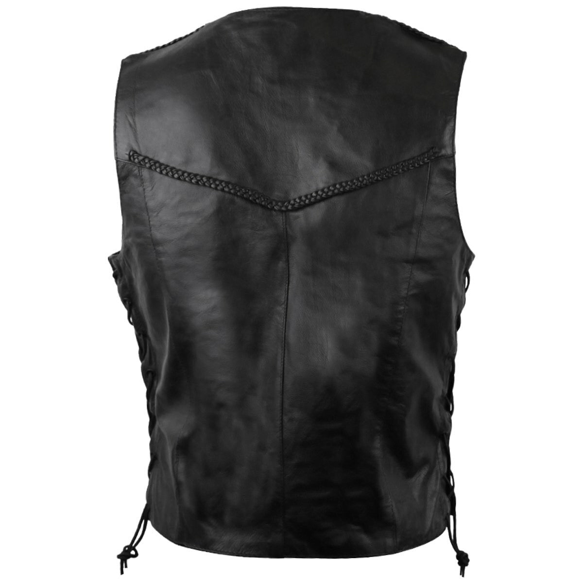 Mens Classic Side Lace Braided Biker Leather Vest-Back View