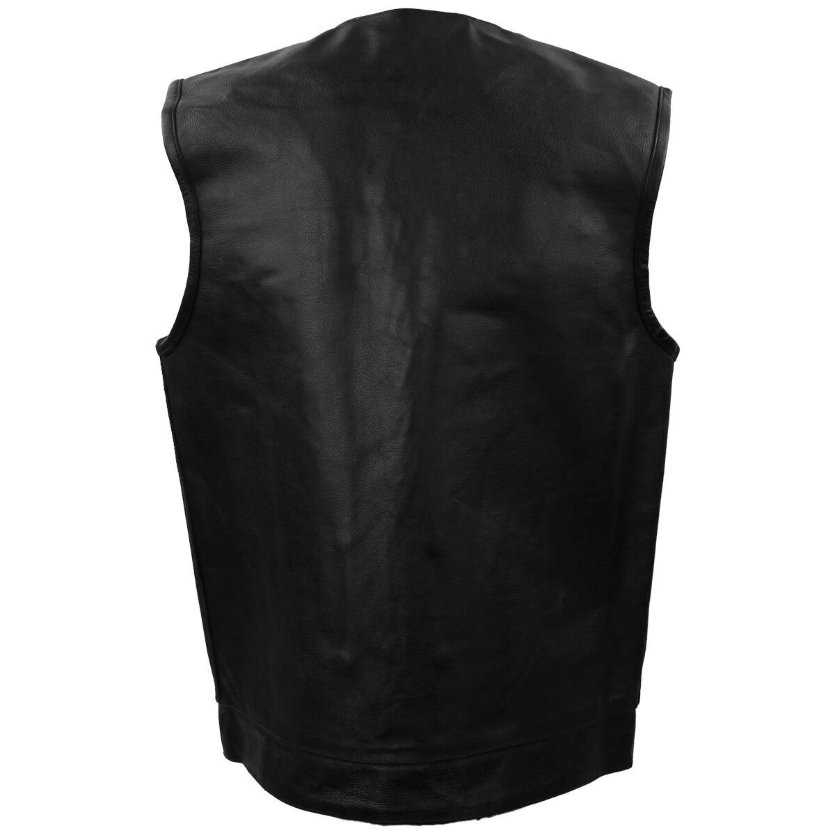 Vance MV122 Mens Black Collarless SOA Style Snap/Zip Front Leather Motorcycle Vest -Back View