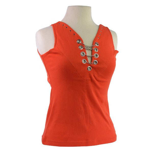 Vance Women's Studs and Chain Biker Motorcycle T-Shirt -Orange