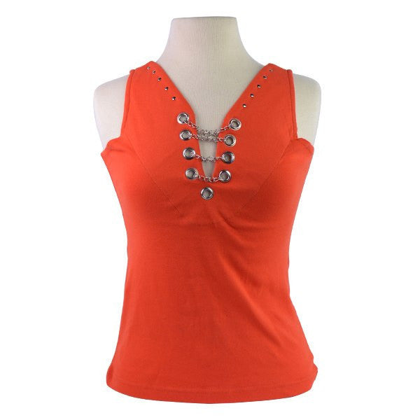 Vance Women's Studs and Chain Biker Motorcycle T-Shirt - Orange