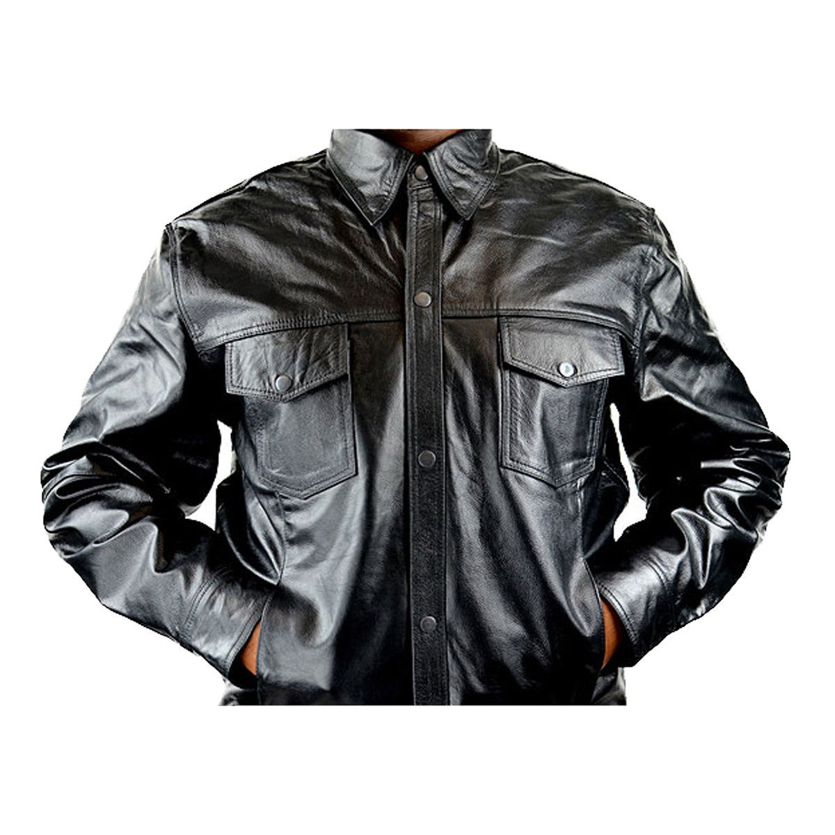 Detour 8019 Mens Black Cowhide Biker Motorcycle Leather Shirt - Zoom View