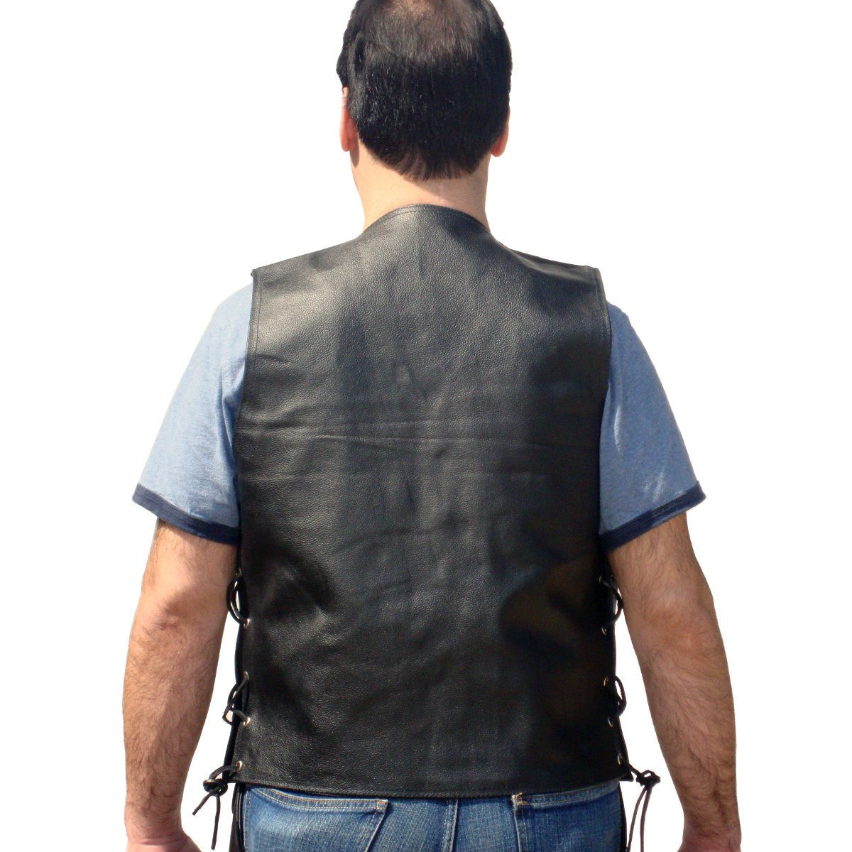 Vance MV109 Mens Black Jean Style Leather Motorcycle Vest - Back View