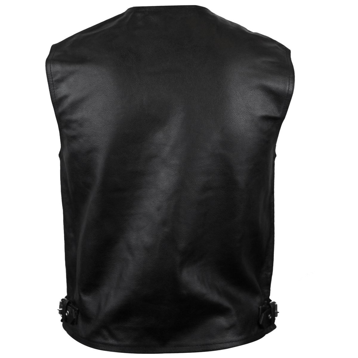 Vance MV111 Mens Black Deep Pocket Leather Motorcycle Biker Vest -Back View