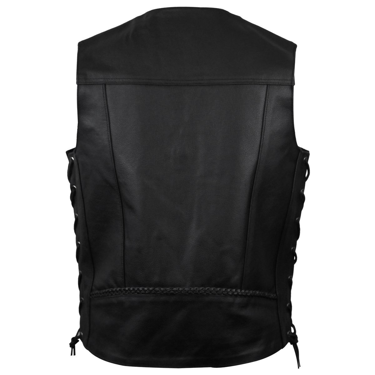 Vance MV112 Mens Black Straight Bottom Buffalo Nickel Snaps Motorcycle Leather Vest-Back View