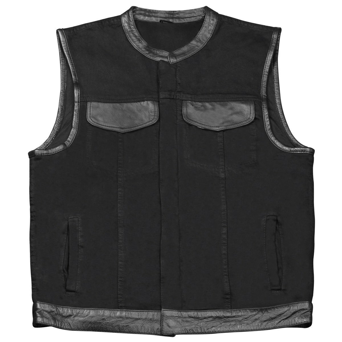 Jafrum MV116 Men's Black SOA Club Style Zipper and Snap Closure Denim Motorcycle Vest With Leather Trim -Front View