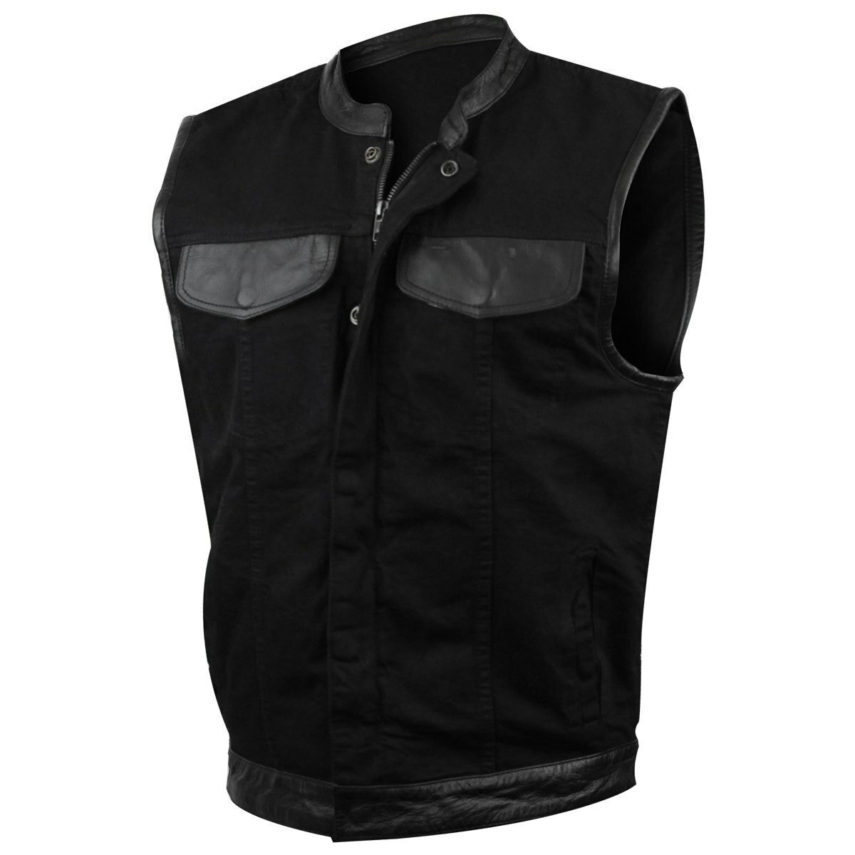 Jafrum MV116 Men's Black SOA Club Style Zipper and Snap Closure Denim Motorcycle Vest With Leather Trim