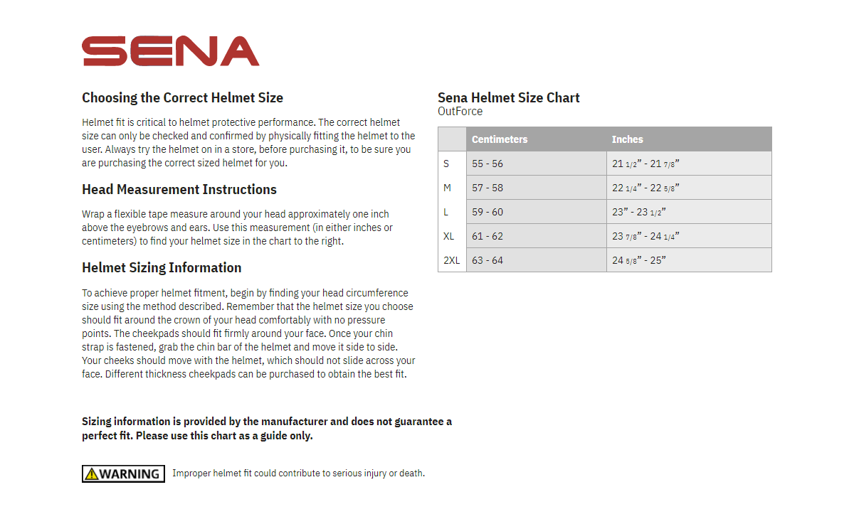 Sena-OutForce-Bluetooth-Helmet-Size-Chart