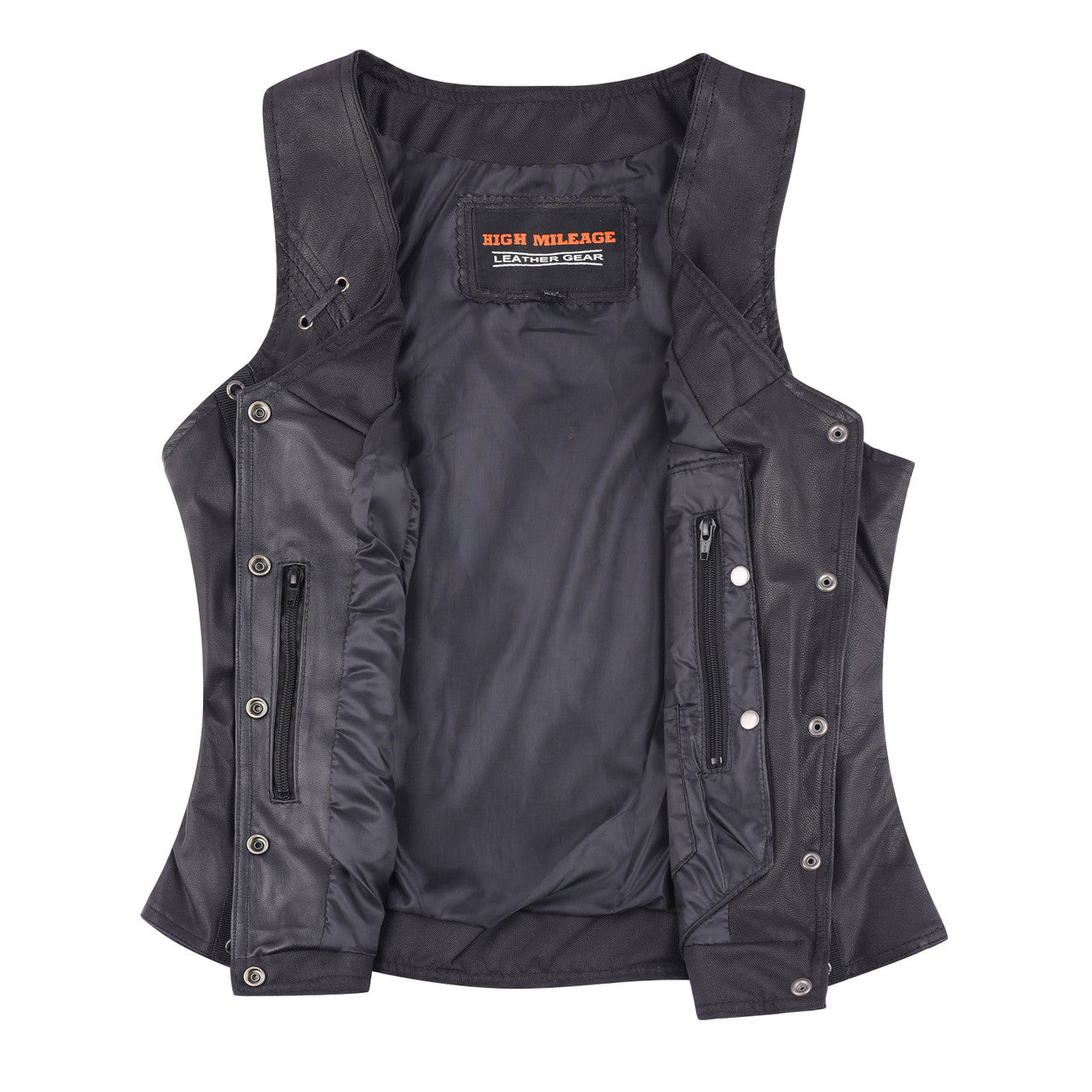 High Mileage HML1038B Womens Black Premium Soft Goatskin Leather Vest With Twill Lace and Grommet Highlights - detail