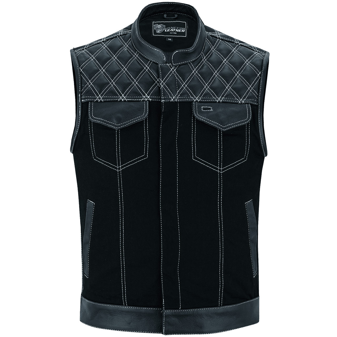 Vance-Leathers-VB924WH-Men's-Denim-Leather-Motorcycle-Vest-with-White-Stitching-front-view