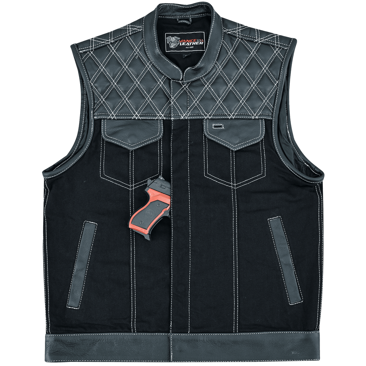 Vance-Leathers-VB924WH-Men's-Denim-Leather-Motorcycle-Vest-with-White-Stitching-front-view