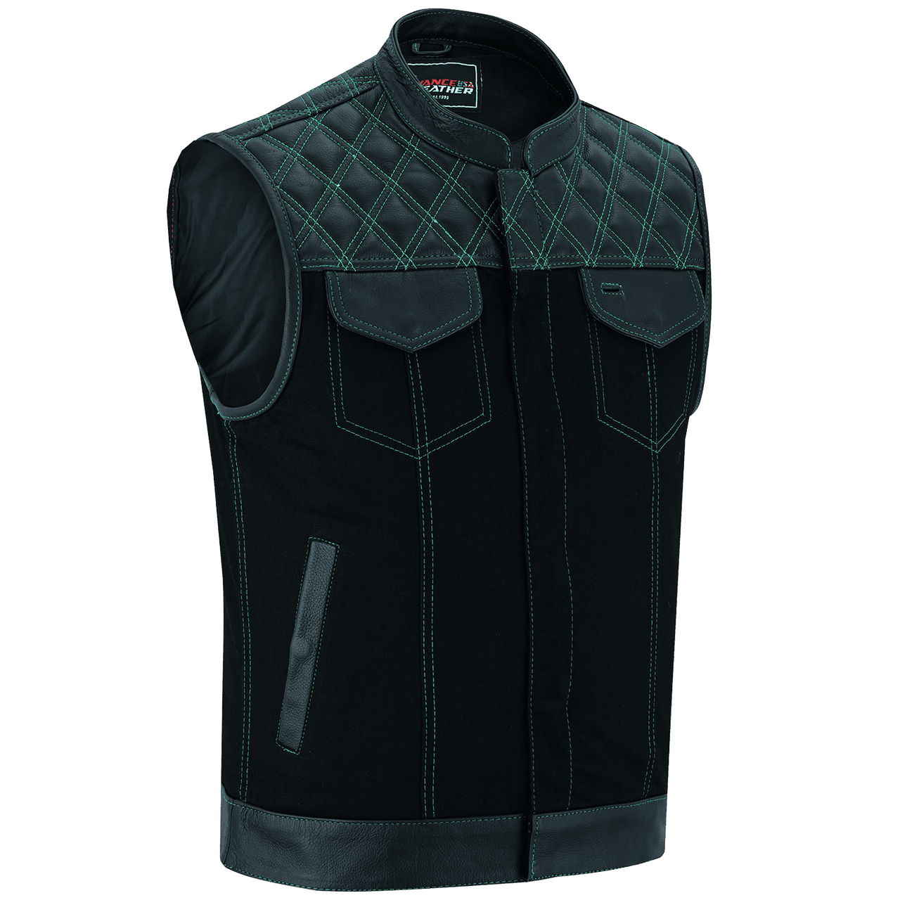 Vance-Leathers-VB924GN-Men's-Denim-Leather-Motorcycle-Vest-with-Green-Stitching-main