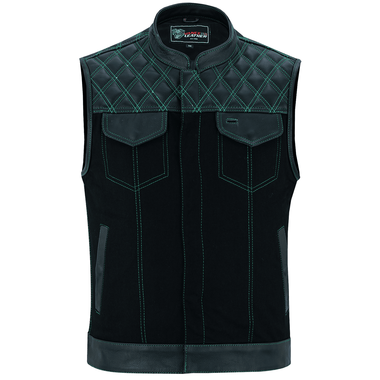 Vance-Leathers-VB924GN-Men's-Denim-Leather-Motorcycle-Vest-with-Green-Stitching-front-view