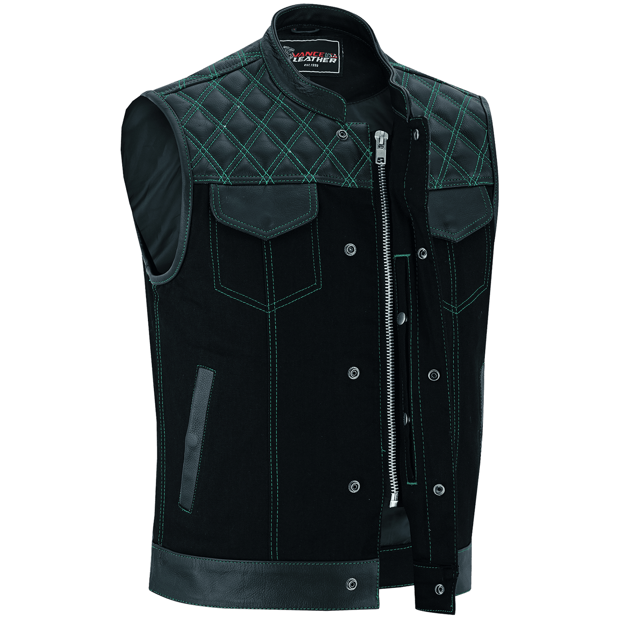 Vance-Leathers-VB924GN-Men's-Denim-Leather-Motorcycle-Vest-with-Green-Stitching-front-snap-button-zipper