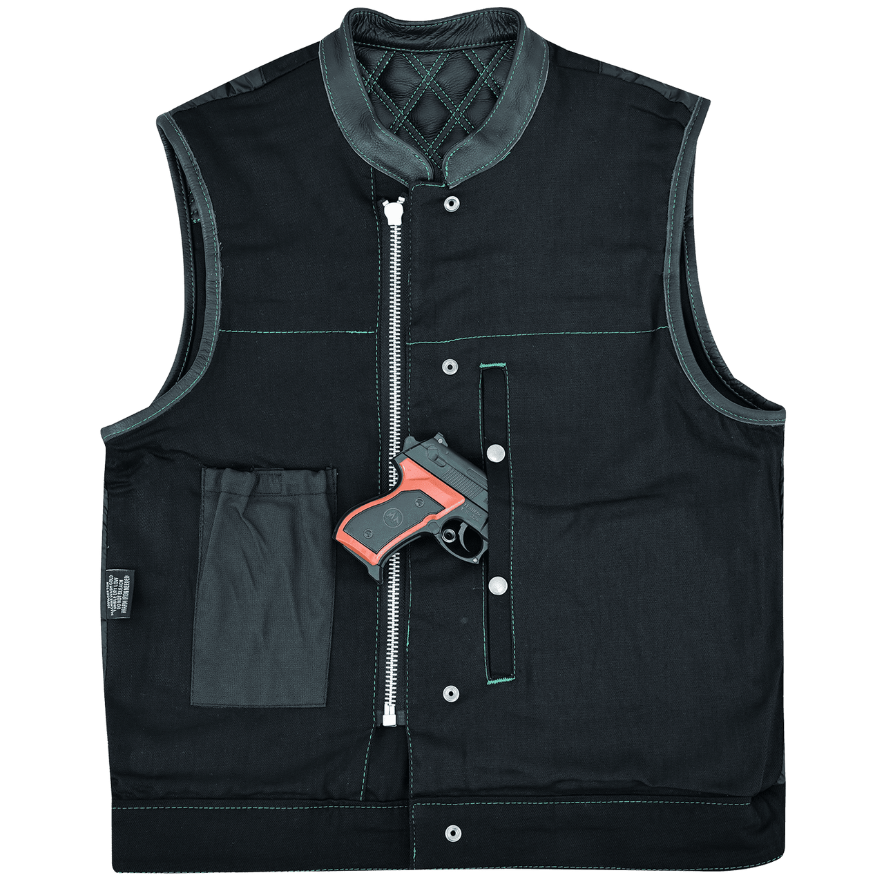 Vance-Leathers-VB924GN-Men's-Denim-Leather-Motorcycle-Vest-with-Green-Stitching-conceal carry pocket