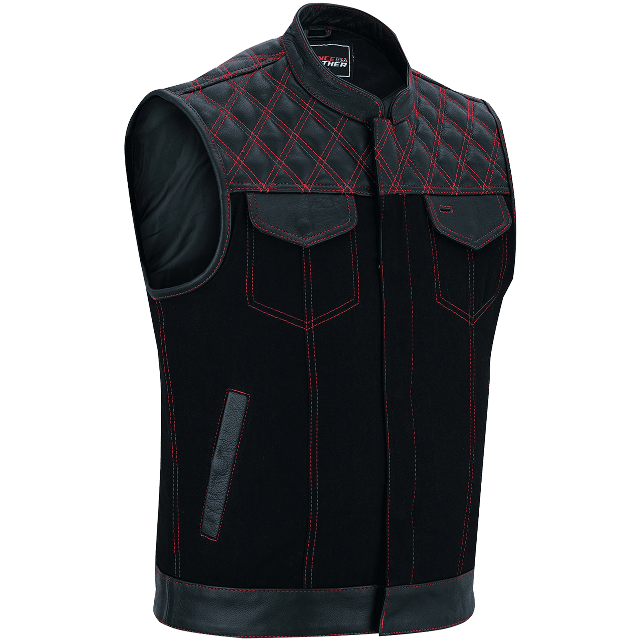 Vance-Leathers-VB924RD-Men's-Denim-Leather-Motorcycle-Vest-with-Red-Stitching-main