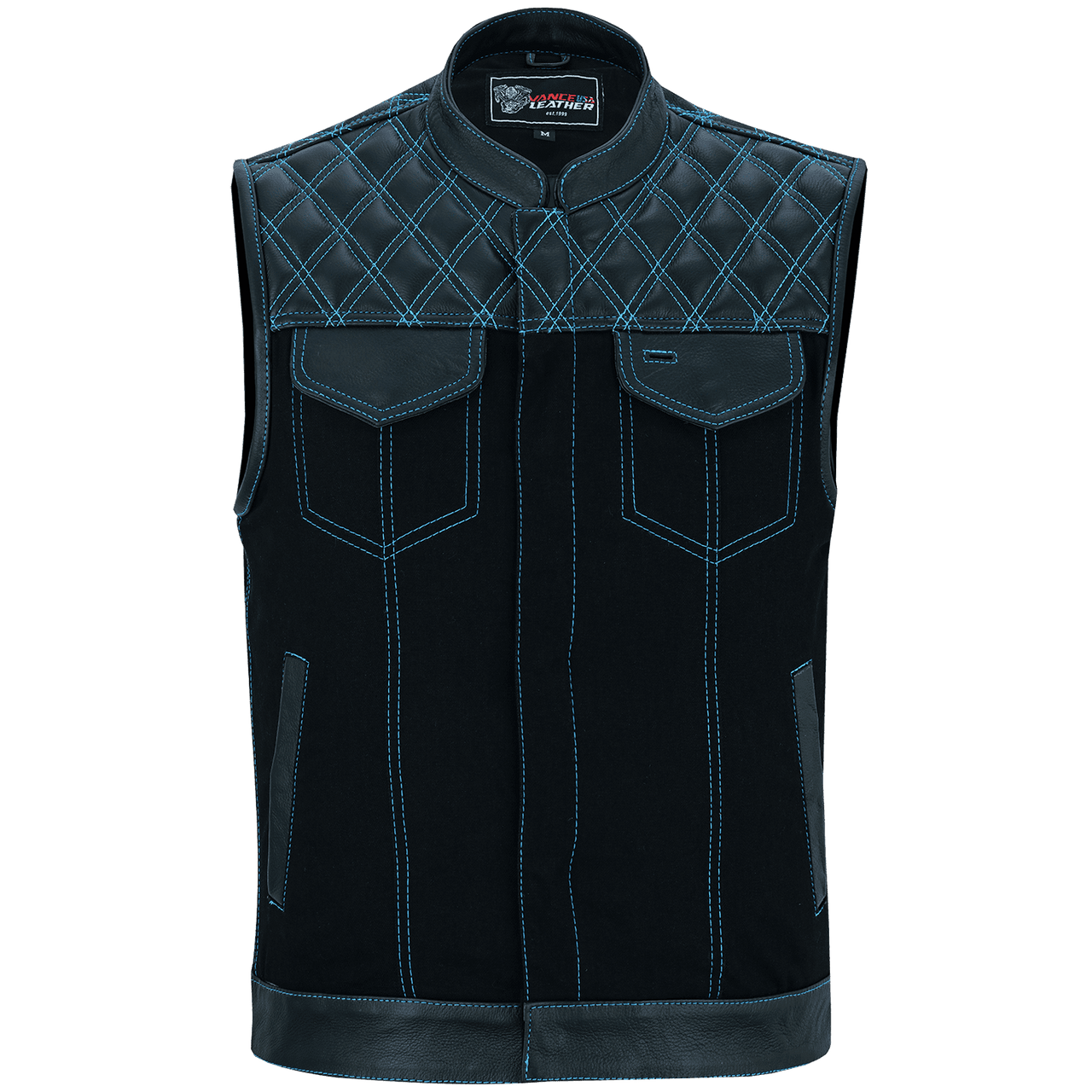 Vance-Leathers-VB924BL-Men's-Denim-Leather-Motorcycle-Vest-with-Blue-Stitching-front-view