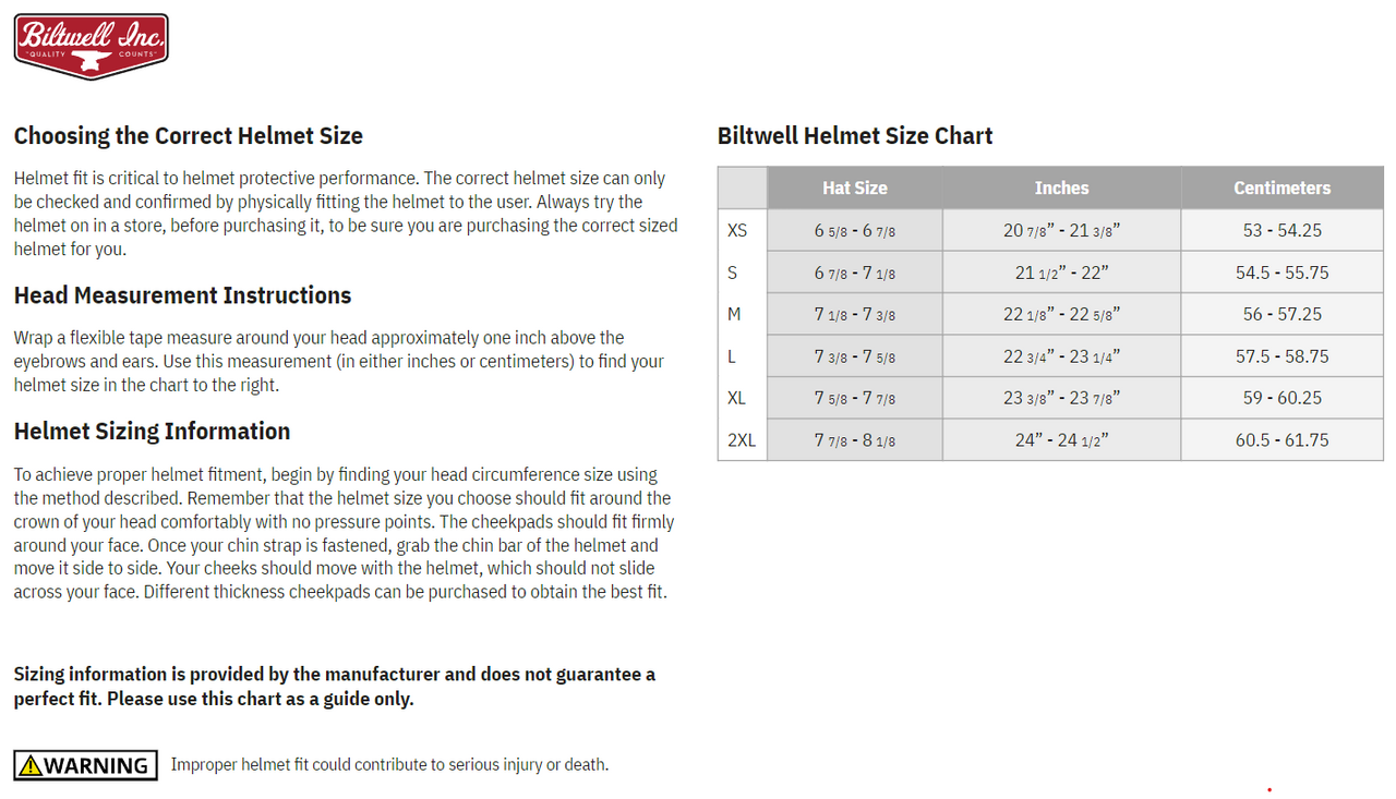 Biltwell Gringo SV Solid Full Face Motorcycle Helmet -  Size chart 