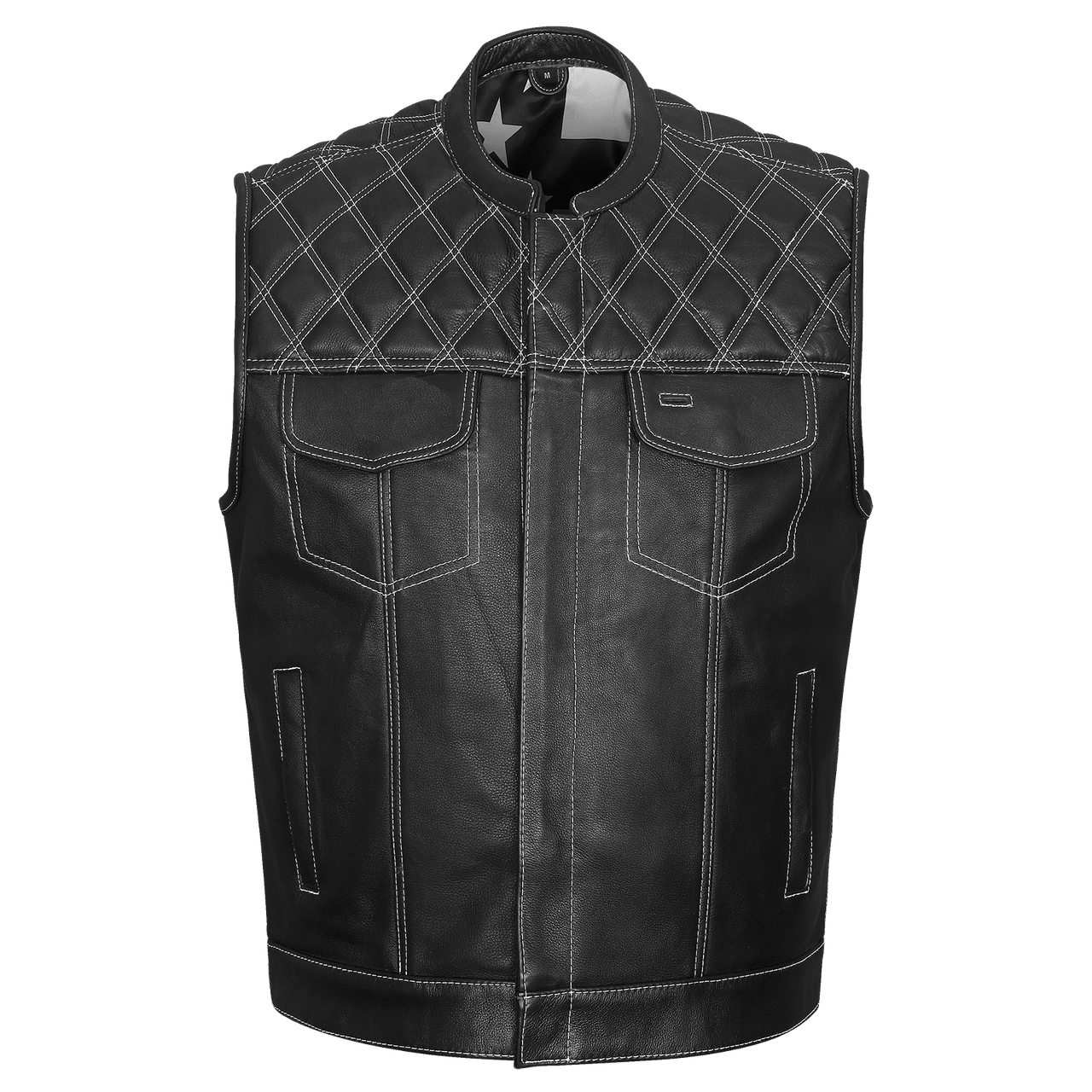 High-Mileage-HMM924W-Mens-Zipper-and-Snap-Closure-Leather-Club-Vest with-American-Flag-Liner-White-Stitching-Front-view