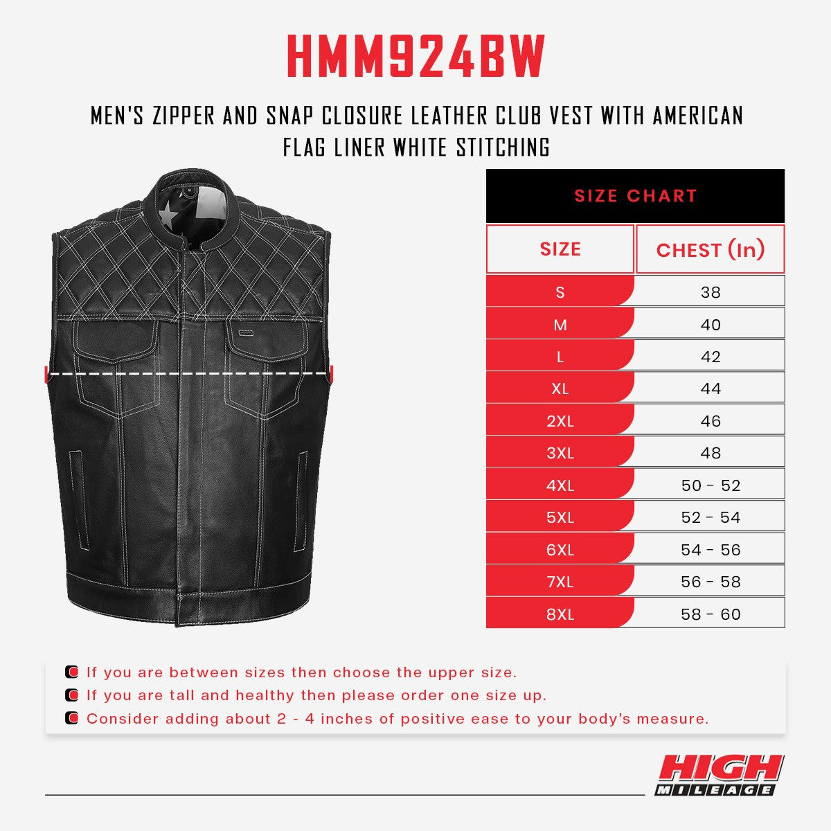 High-Mileage-HMM924W-Mens-Zipper-and-Snap-Closure-Leather-Club-Vest with-American-Flag-Liner-White-Stitching-sizechart