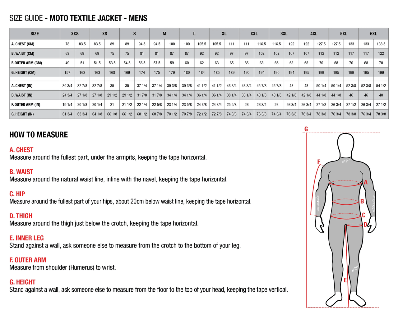 Alpinestars MO.ST.EQ Field Waterproof Primaloft Jacket - Size chart