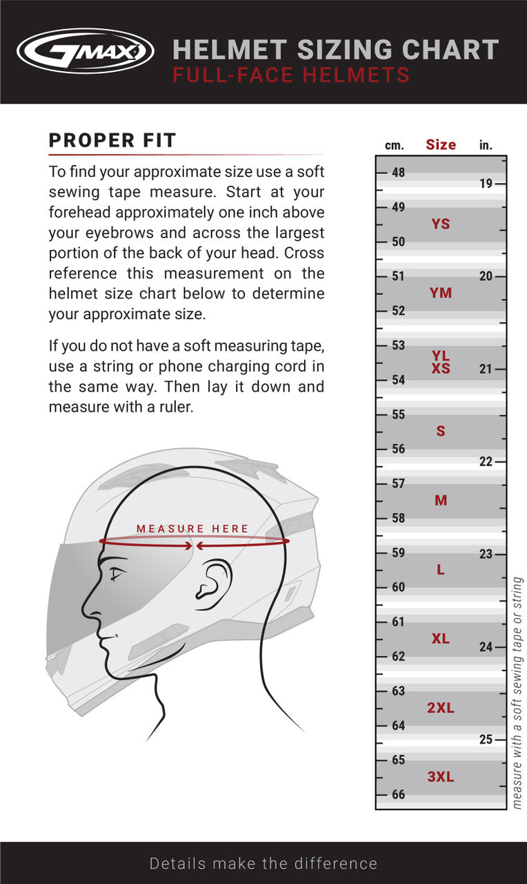  Gmax GM-11S Ronin Snow Helmet w/ Electric Shield - Size chart