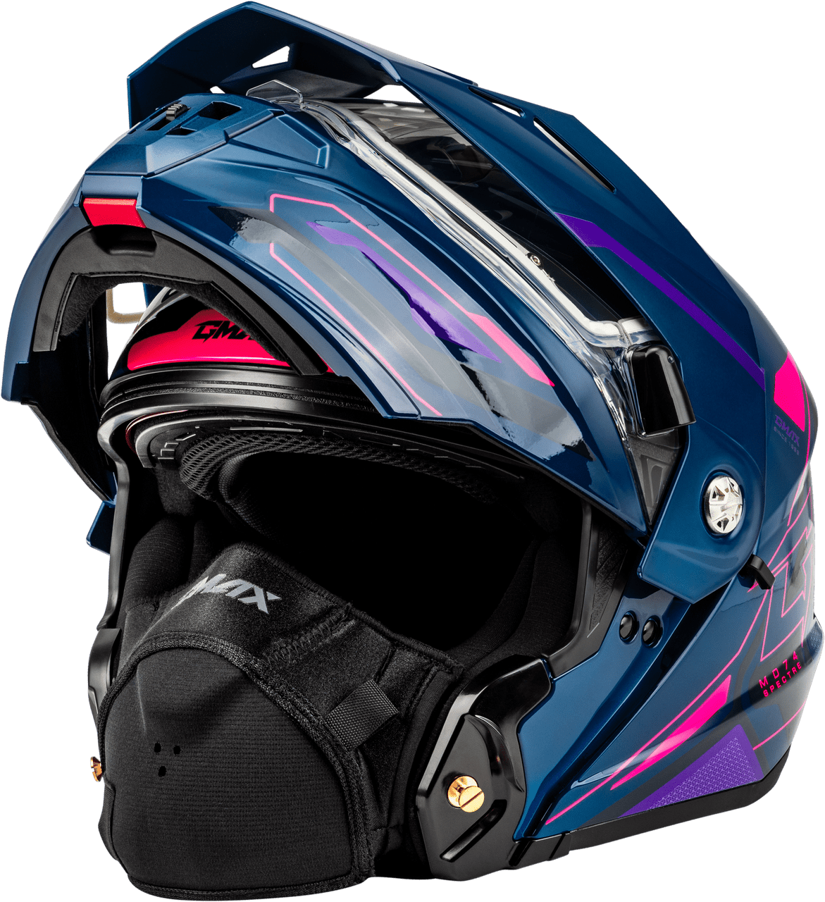 Gmax-MD-74S-Spectre-Snow-Helmet-with-Electric-Shield-Blue-Pink-Purple-Front-Visor