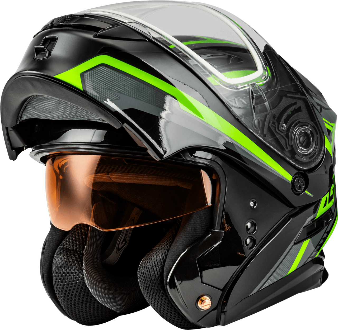 Gmax-MD-01S-Transistor-Snow-Modular-Helmet-Black-Grey-Green-Front-Open-Visor