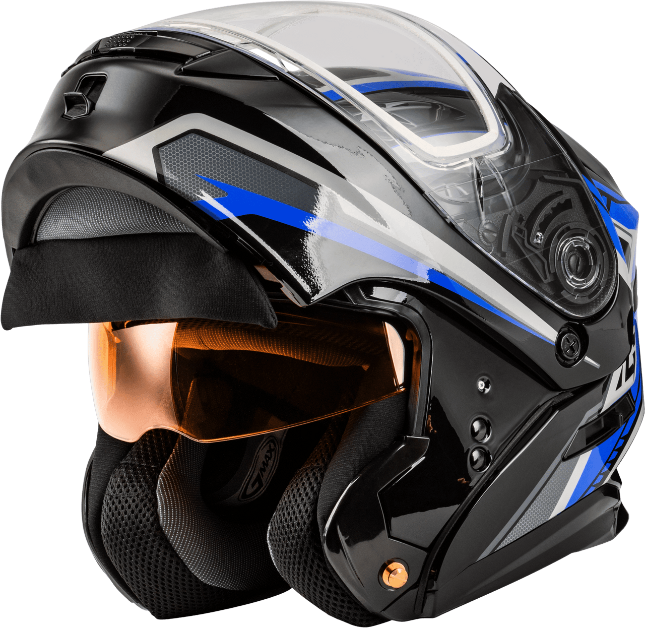 Gmax-MD-01S-Transistor-Snow-Modular-Helmet-Black-Blue-Front-Open-Visor