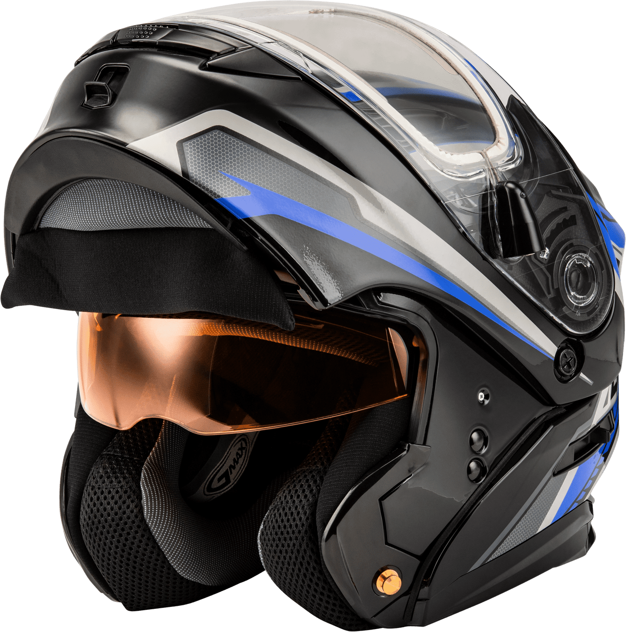 Gmax-MD-01S-Transistor-Snow-Modular-Helmet-with-Electric-Shield-Black-Blue-front-open-visor