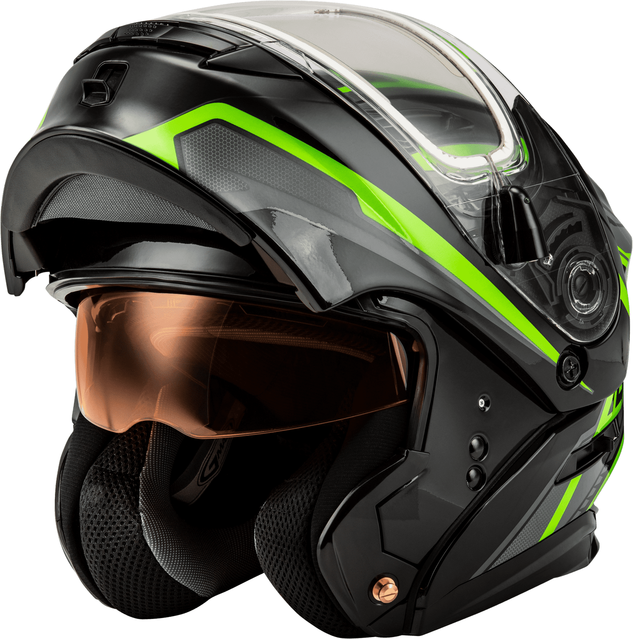 Gmax-MD-01S-Transistor-Snow-Modular-Helmet-with-Electric-Shield-Black-grey-green-visor