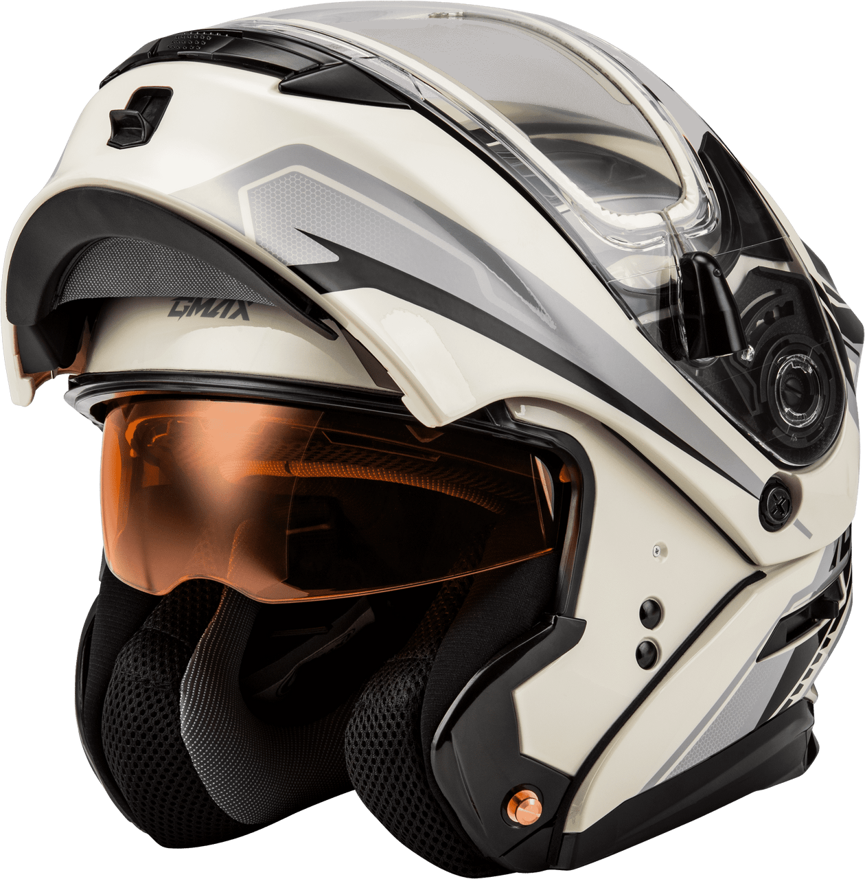 Gmax-MD-01S-Transistor-Snow-Modular-Helmet-with-Electric-Shield-White-Grey-Black-front-visor