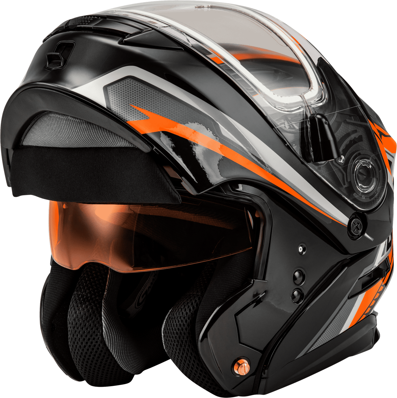 Gmax-MD-01S-Transistor-Snow-Modular-Helmet-with-Electric-Shield-Black-Orange-front-visor