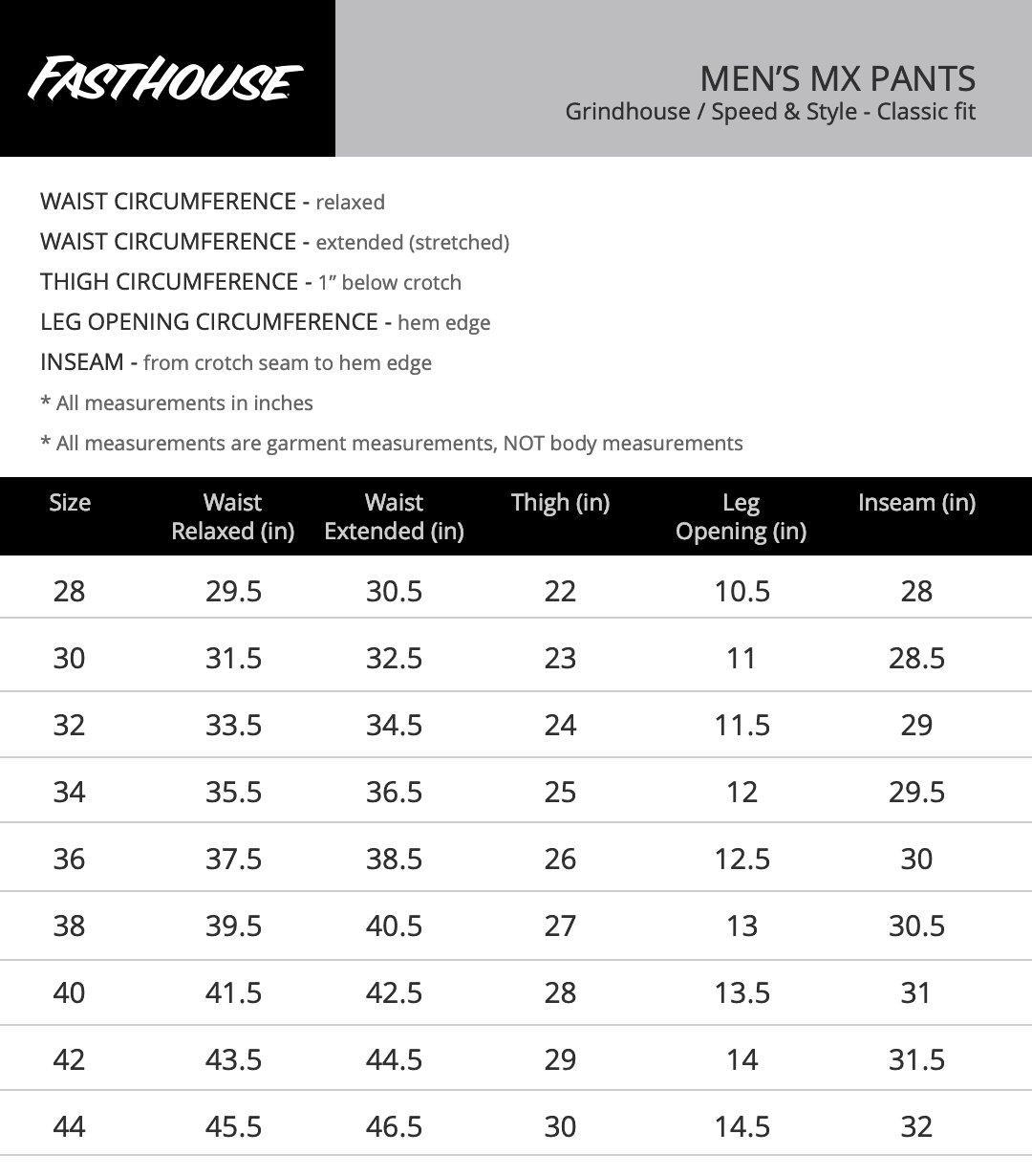 Fasthouse Speed Style Jester Pants - Size chart