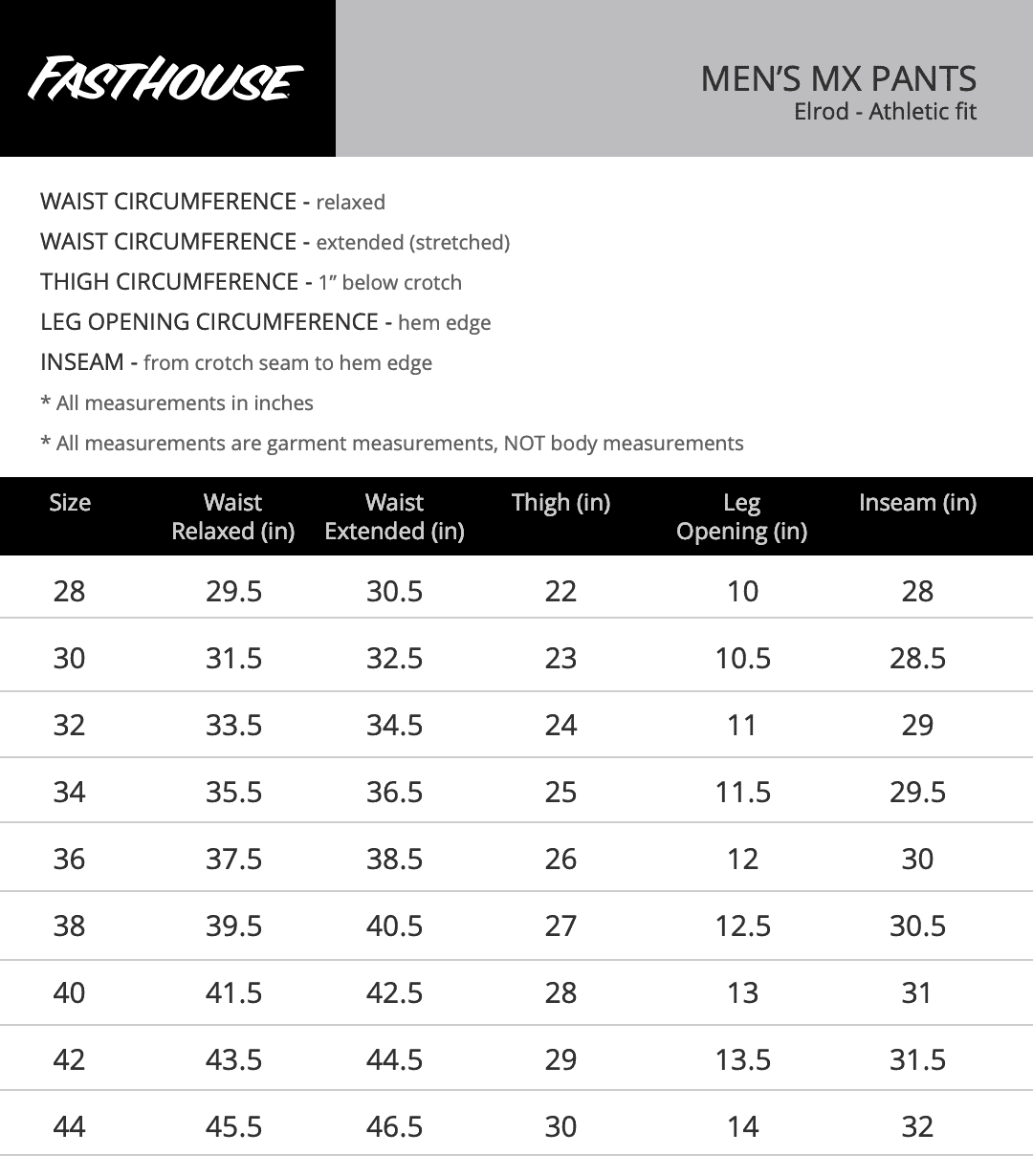 Fasthouse Men's Elrod Pants - Size chart