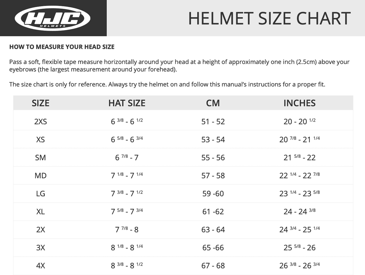  HJC i30 Vicom Open Face Motorcycle Helmet - Size Chart