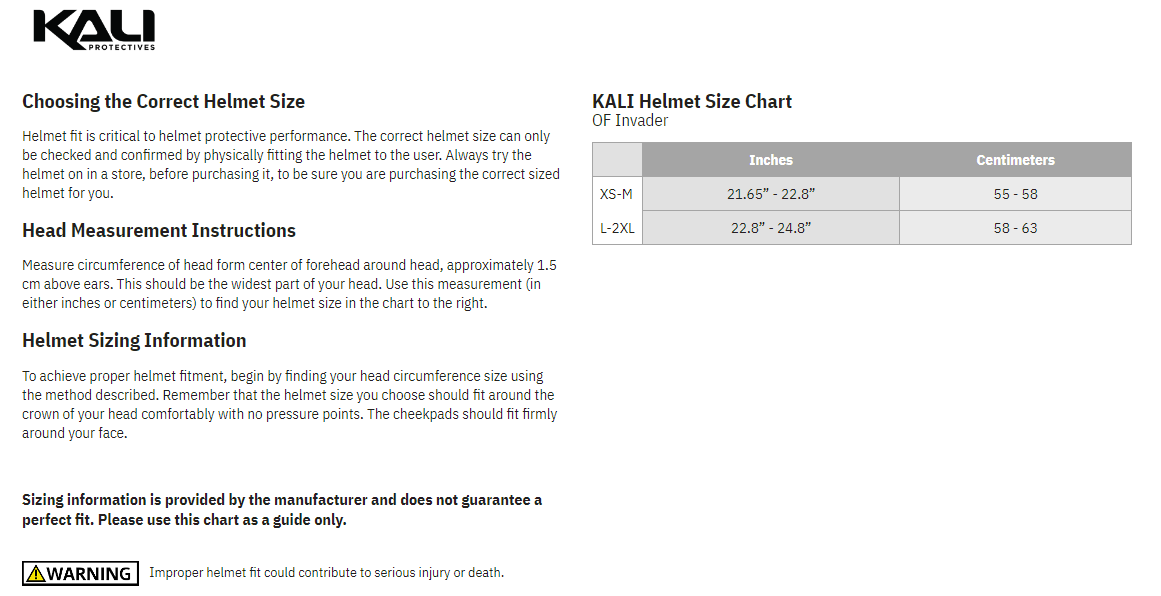 Kali-Open-Face-Invader-Bicycle-Helmet-size-chart