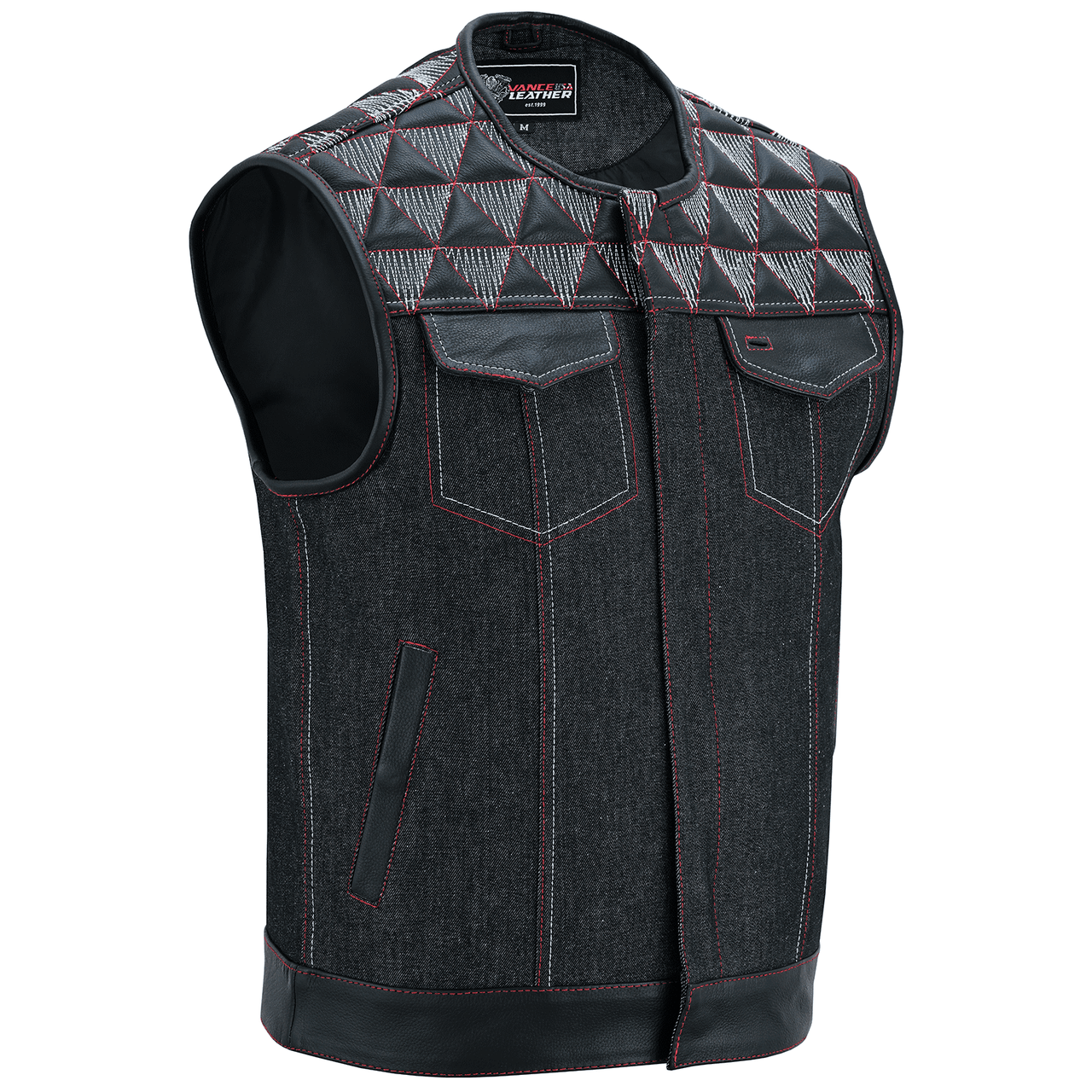 Men's-Denim-Leather-Motorcycle-Vest-with-Conceal-Carry-Pockets-SOA-Biker-Club-Vest-Red-White-Stitching-Main