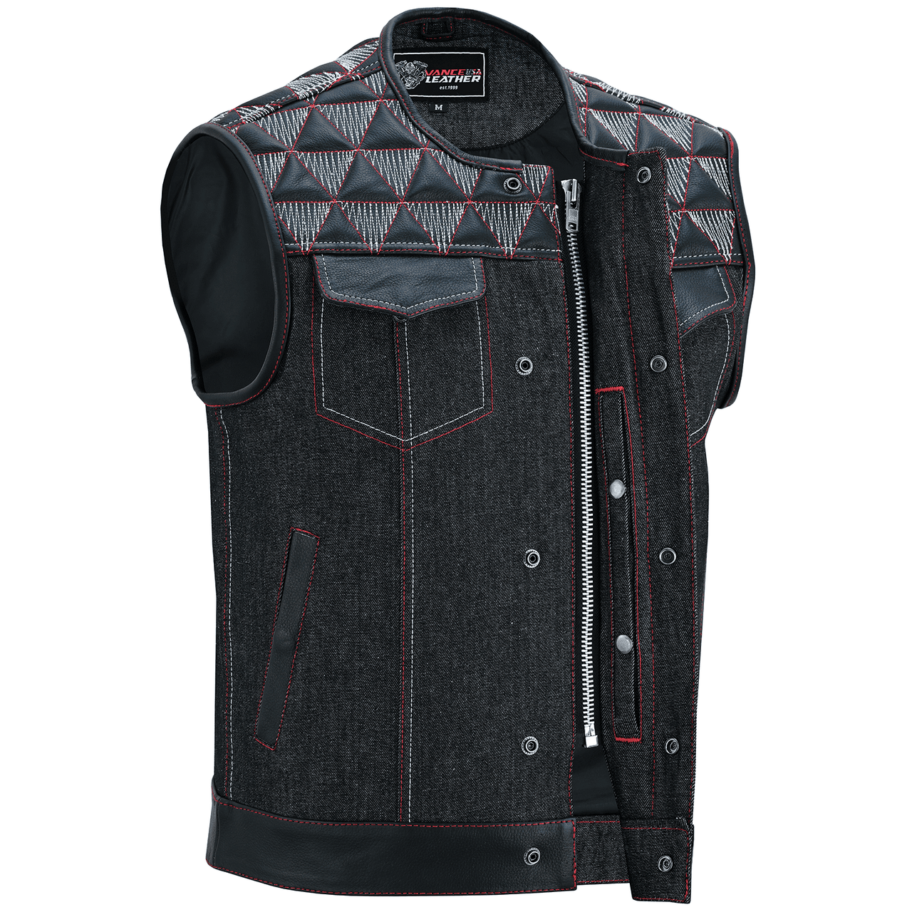 Men's-Denim-Leather-Motorcycle-Vest-with-Conceal-Carry-Pockets-SOA-Biker-Club-Vest-Red-White-Stitching-dual-zipper