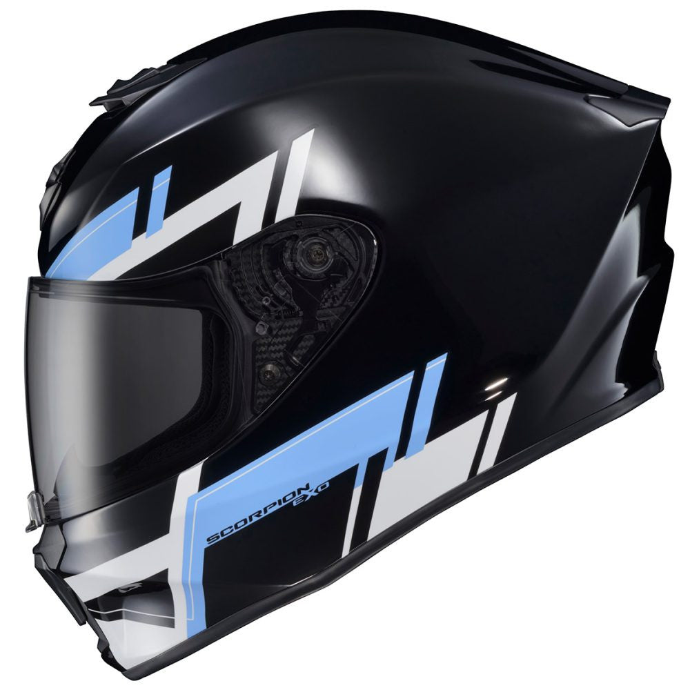 Scorpion-EXO-R420-Pace-Full-Face-Motorcycle-Helmet-Black-Blue-smoke-shield-left-view